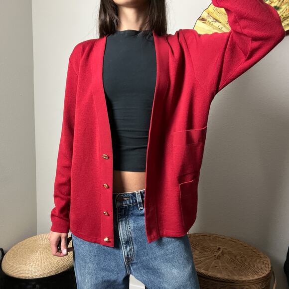 vintage salvatore ferragamo red wool classic preppy button cardigan sweater - Picture 1 of 10